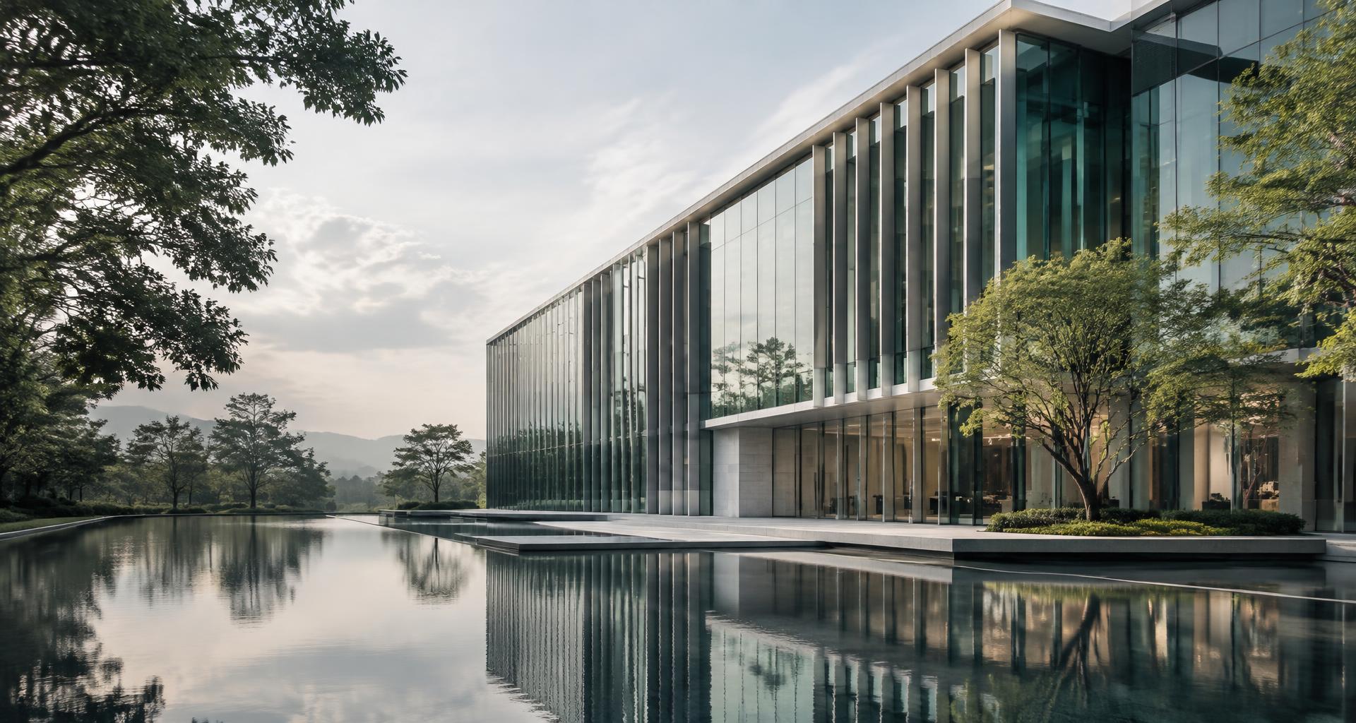 Modern glass architecture beside a tranquil reflecting pool
